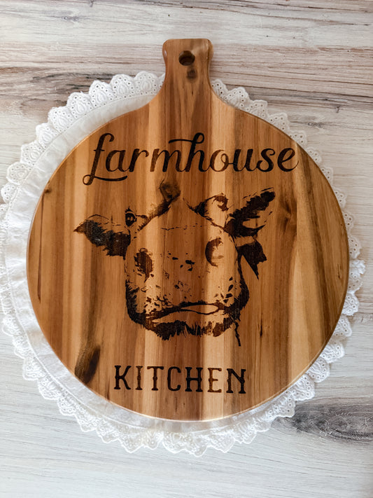 Farmhouse Cow engraved Round Cutting Board
