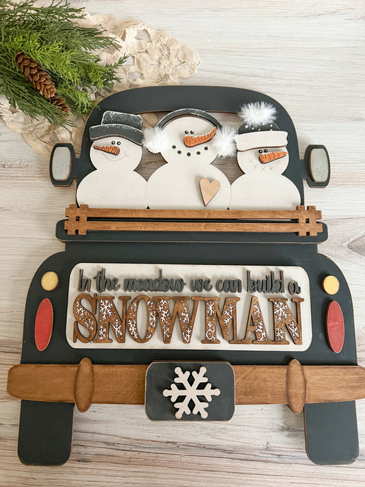 Snowman Trio In the Meadow - ADD ON for Interchangeable Rustic Truck/Basket - FINISHED PRODUCT