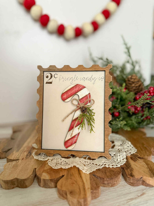 Kringle Co. Candy Cane 3D postage stamp wood sign