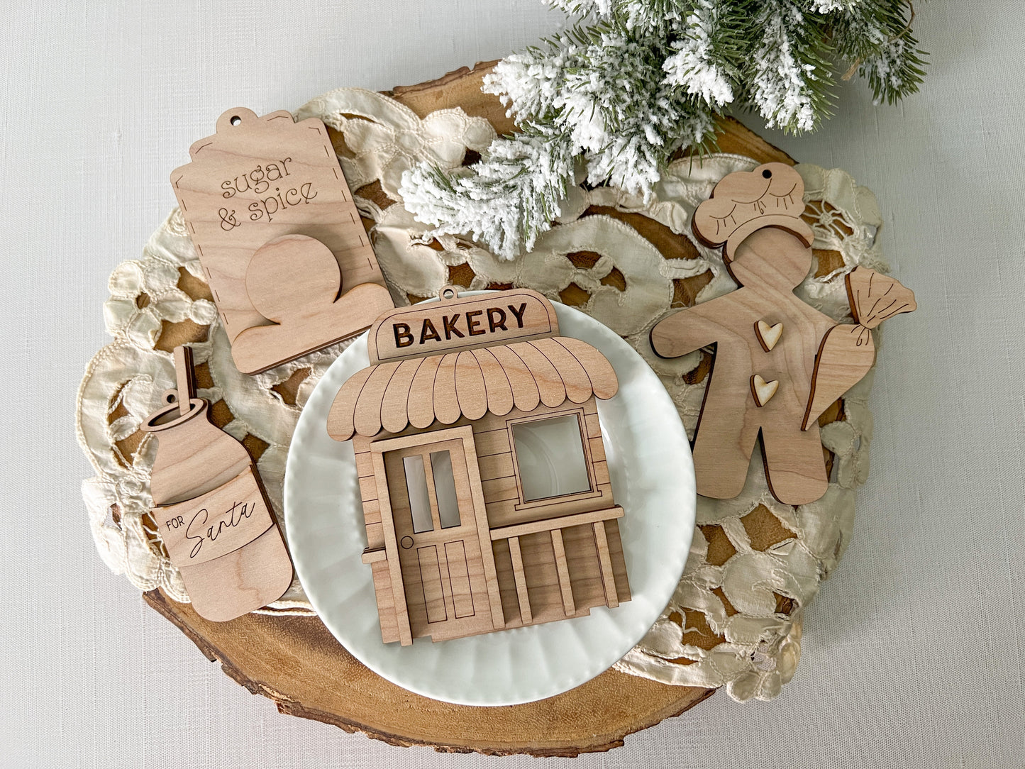 Gingerbread Bakery 3D Bundle of 4 Christmas Ornament set - DIY Kit - Wood Blank Only - No paints included