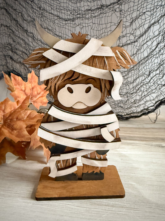 Highland Cow Halloween Mummy Shelf Sitter - 3D Laser cut