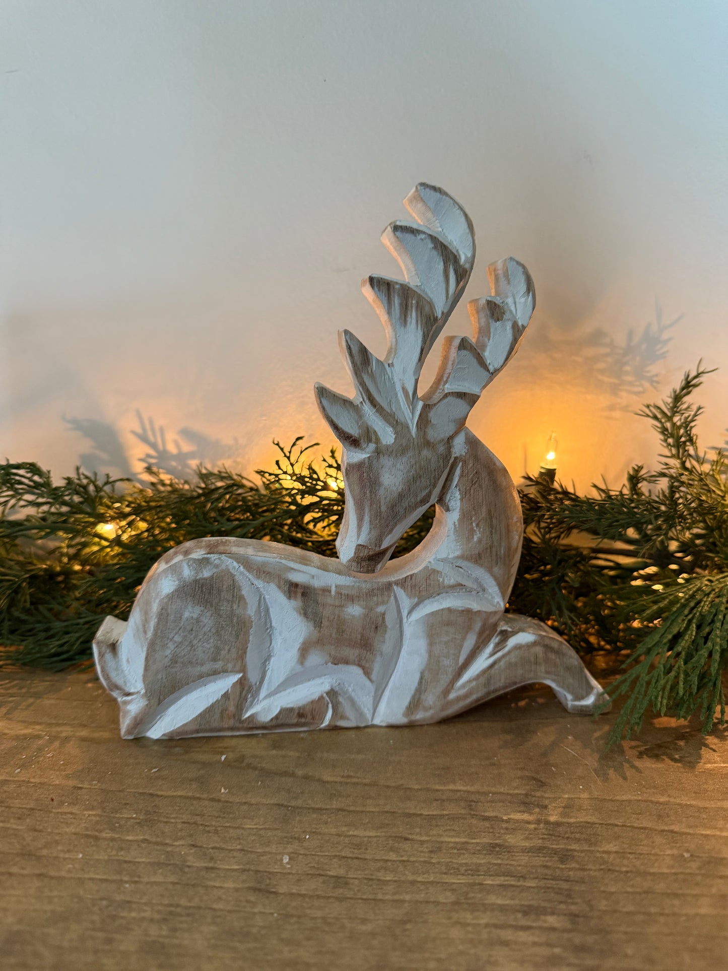 Wood Carved Resting Christmas Deer
