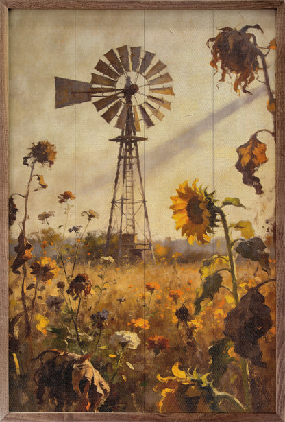 Prairie Windmill In Autumn Sunflower Field