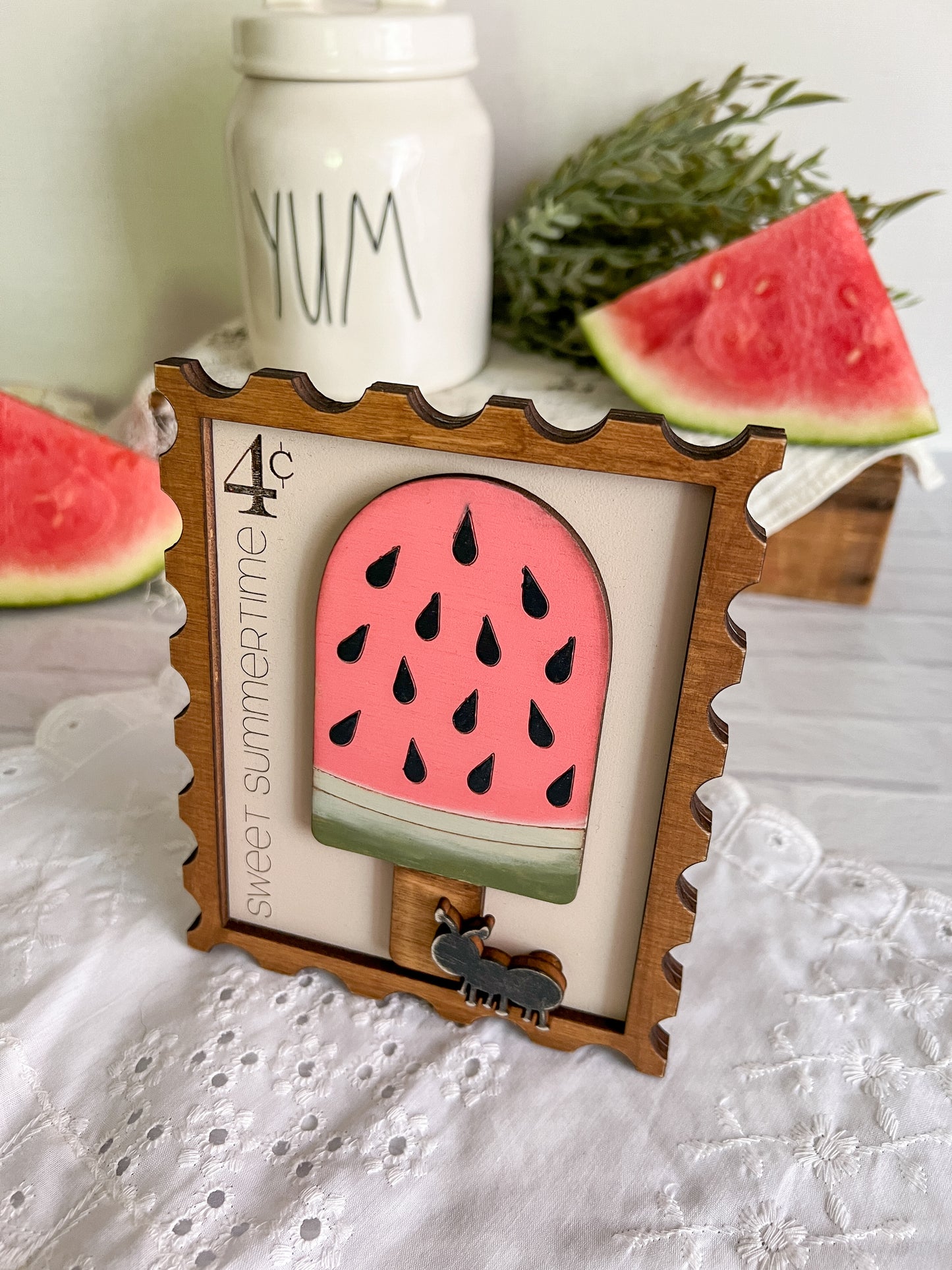 Sweet Summertime Watermelon Postage Stamp 3D Wood Sign