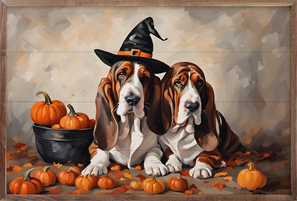 Two Bassets With Pumpkins