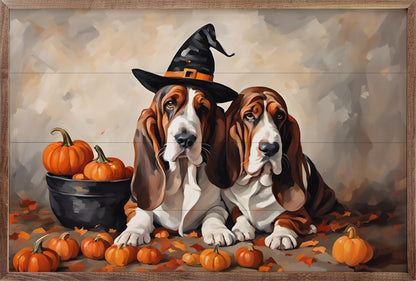 Two Bassets With Pumpkins