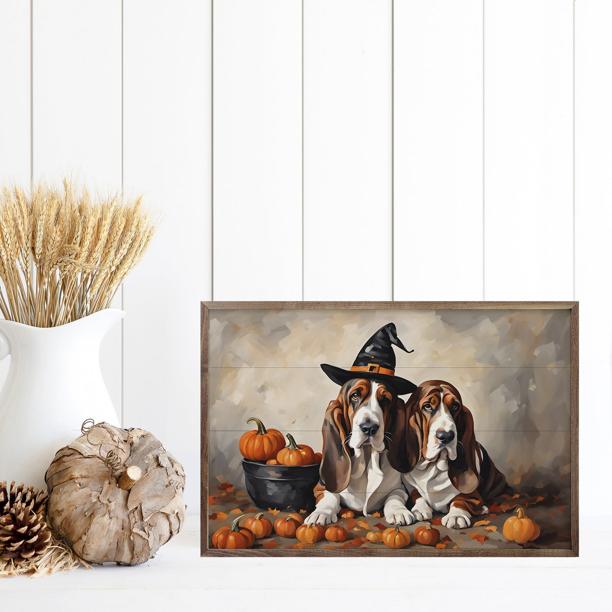Two Bassets With Pumpkins