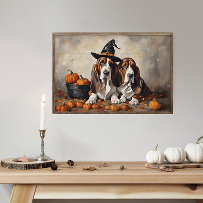 Two Bassets With Pumpkins