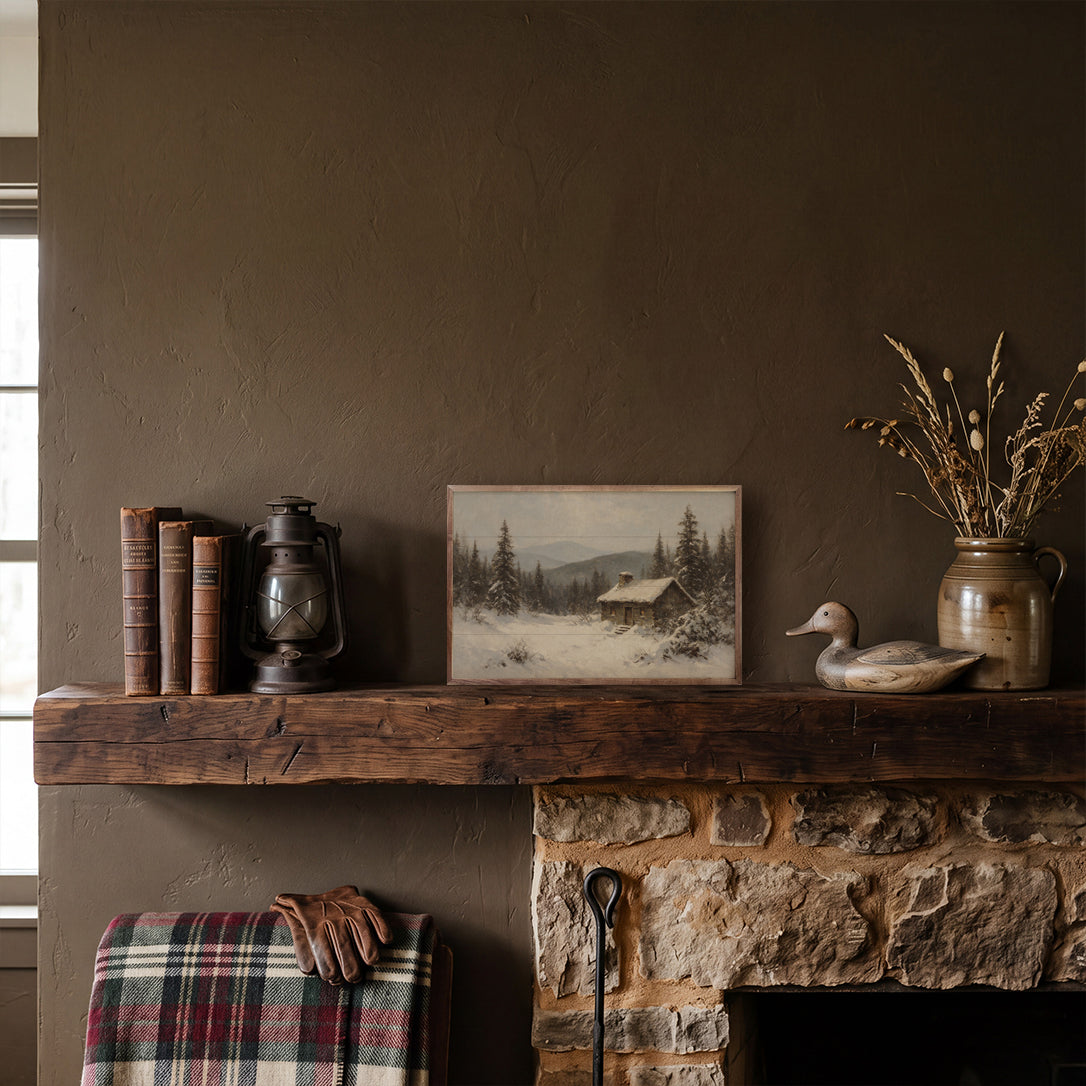 Vintage Snowy Mountain Cabin Landscape