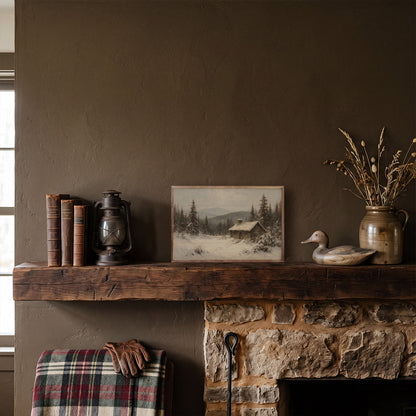 Vintage Snowy Mountain Cabin Landscape