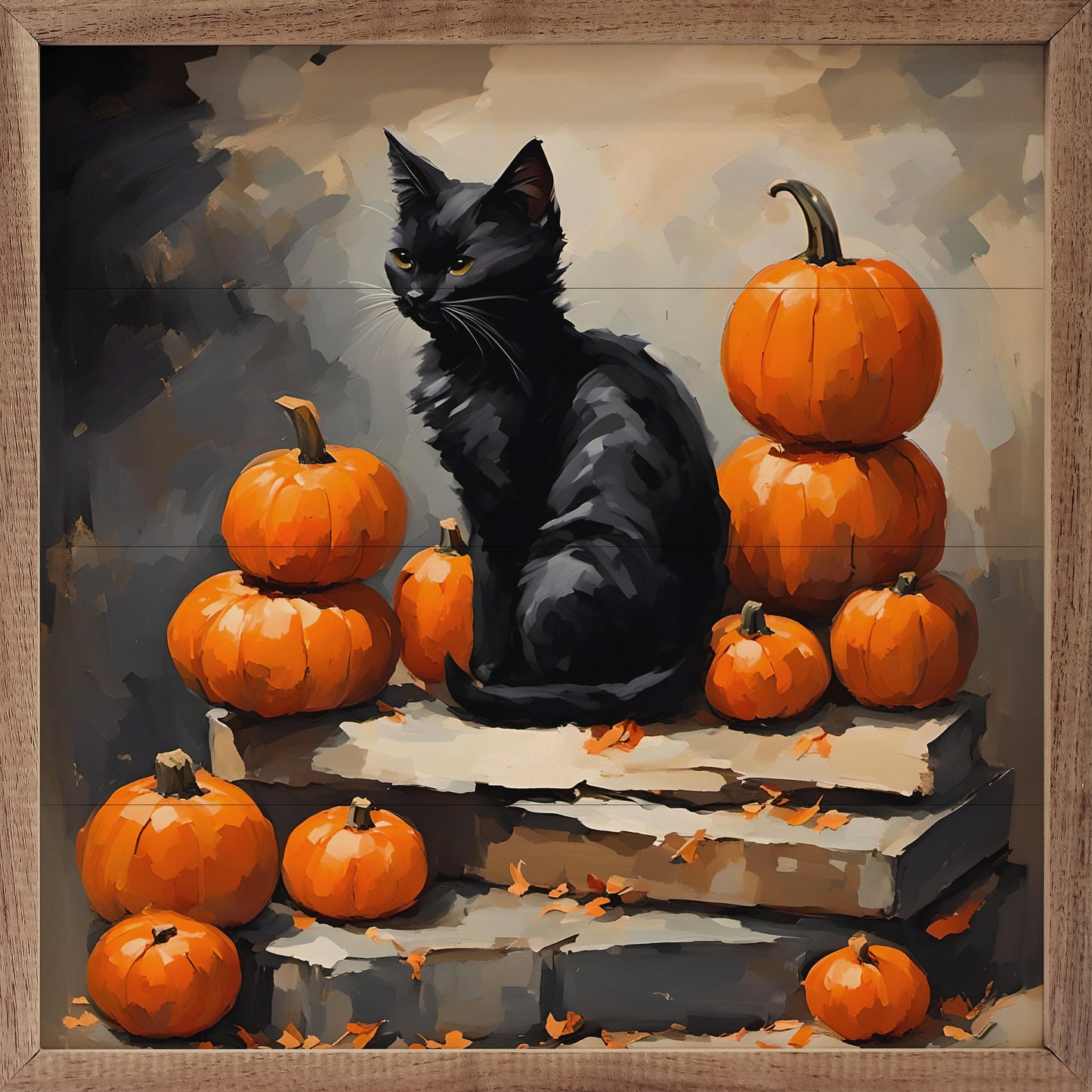 Black Cat With Pumpkin Stack