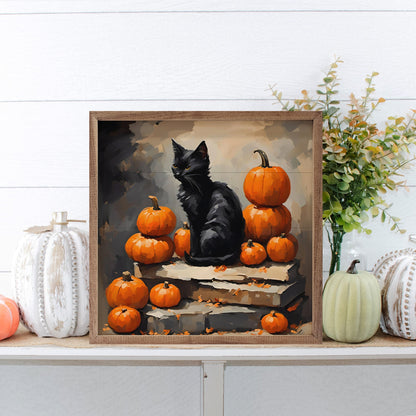 Black Cat With Pumpkin Stack