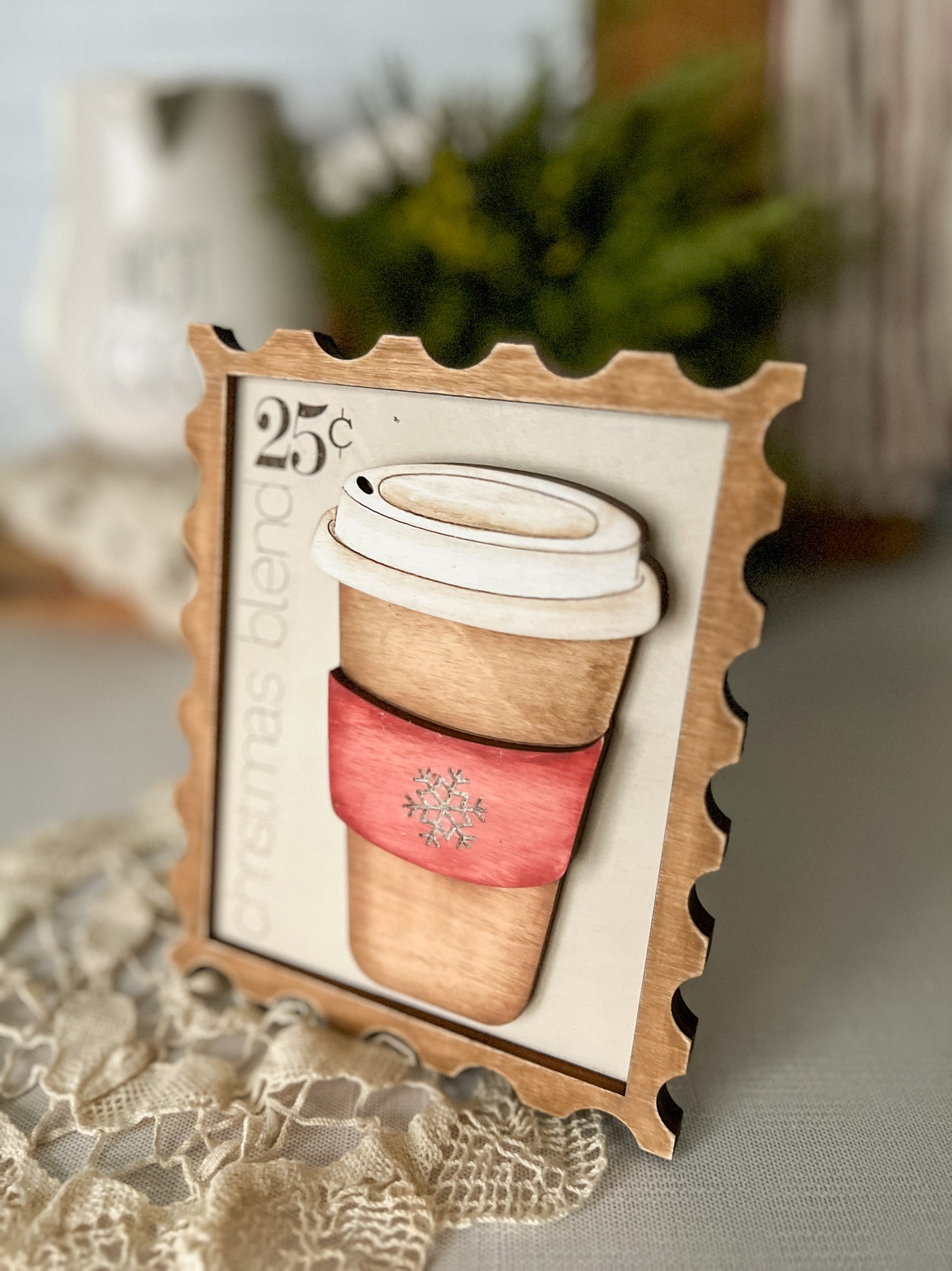 Christmas Blend Coffee Hot Cocoa 3D Postage Stamp Wood Sign