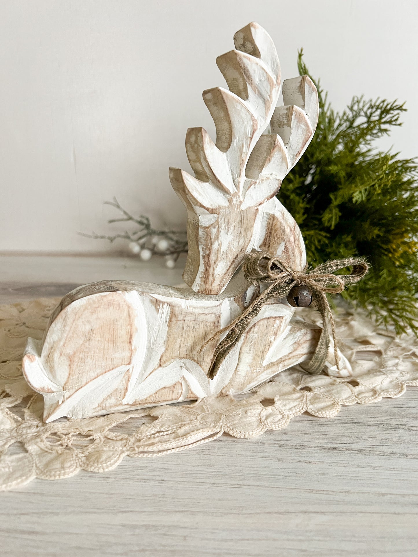 Whitewash Wooden Rustic Laying Reindeer 7"x7"