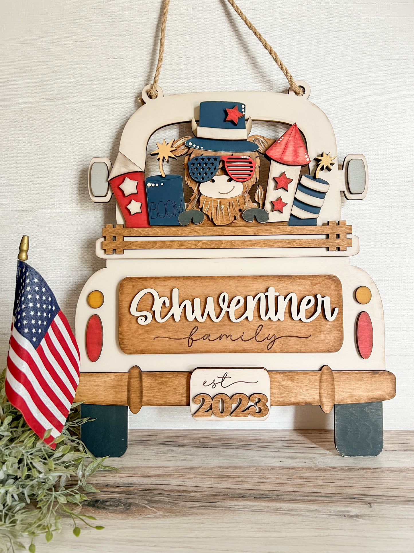 Patriotic Highland Cow TOPPER ONLY - ADD ON for Interchangeable Rustic Truck/Basket - FINISHED PRODUCT