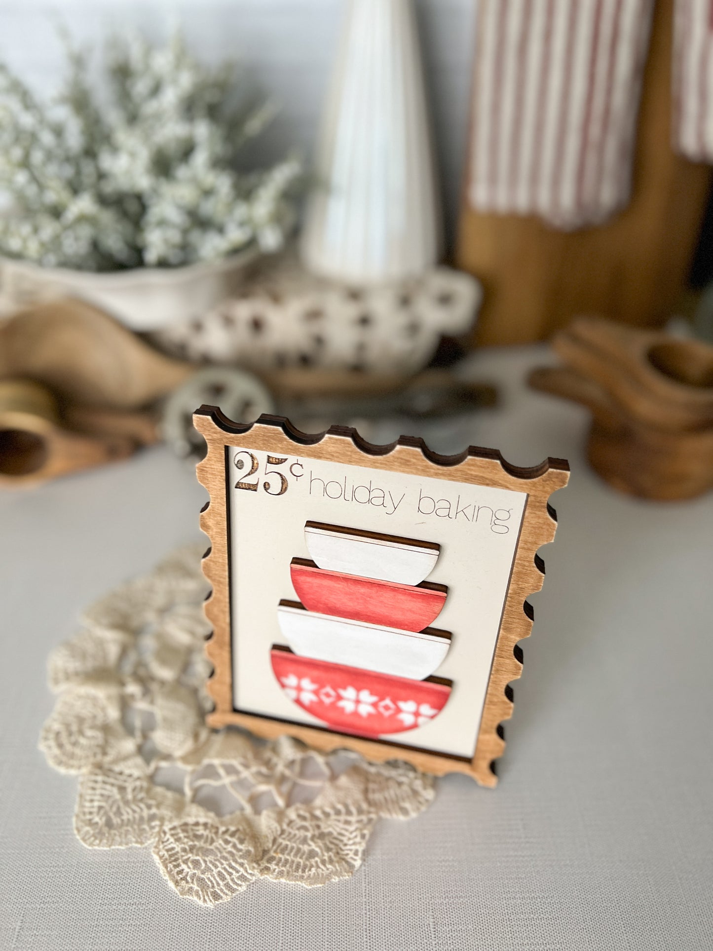 Mrs. Claus' Mixing Bowls 3D Postage Stamp Wood Sign