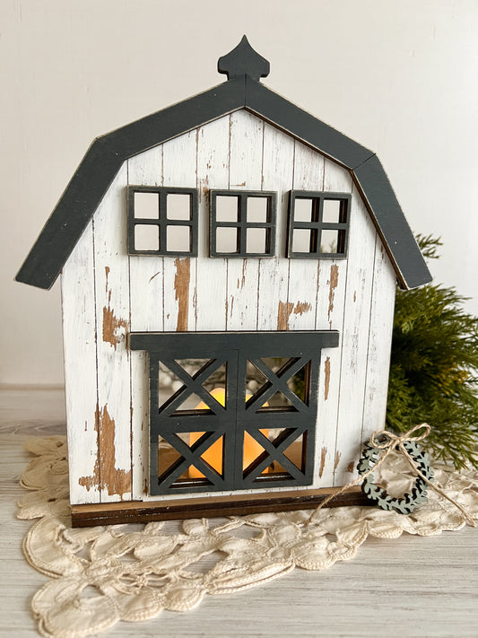 Farmhouse White Chippy Barn Tea Light Holder