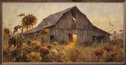 Weathered Barn In Sunflower Autumn Field