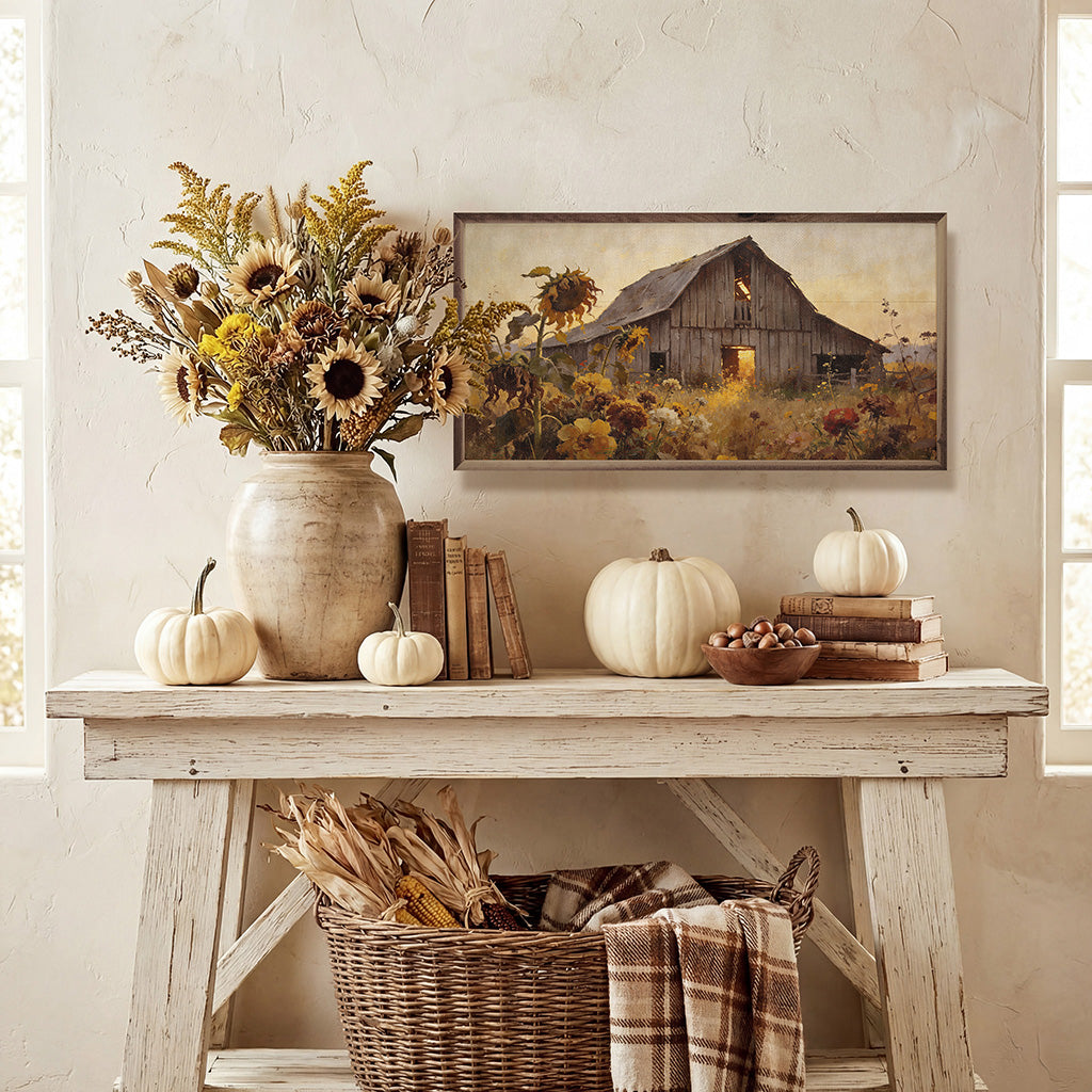 Weathered Barn In Sunflower Autumn Field
