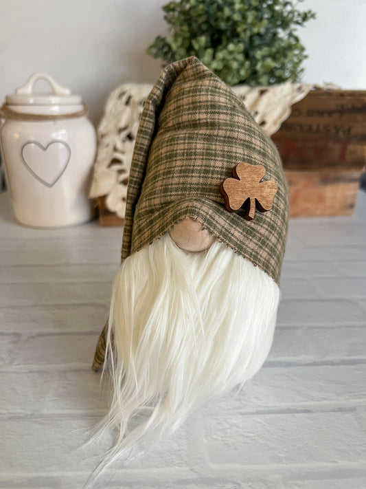 Country green plaid wood shamrock fabric gnome