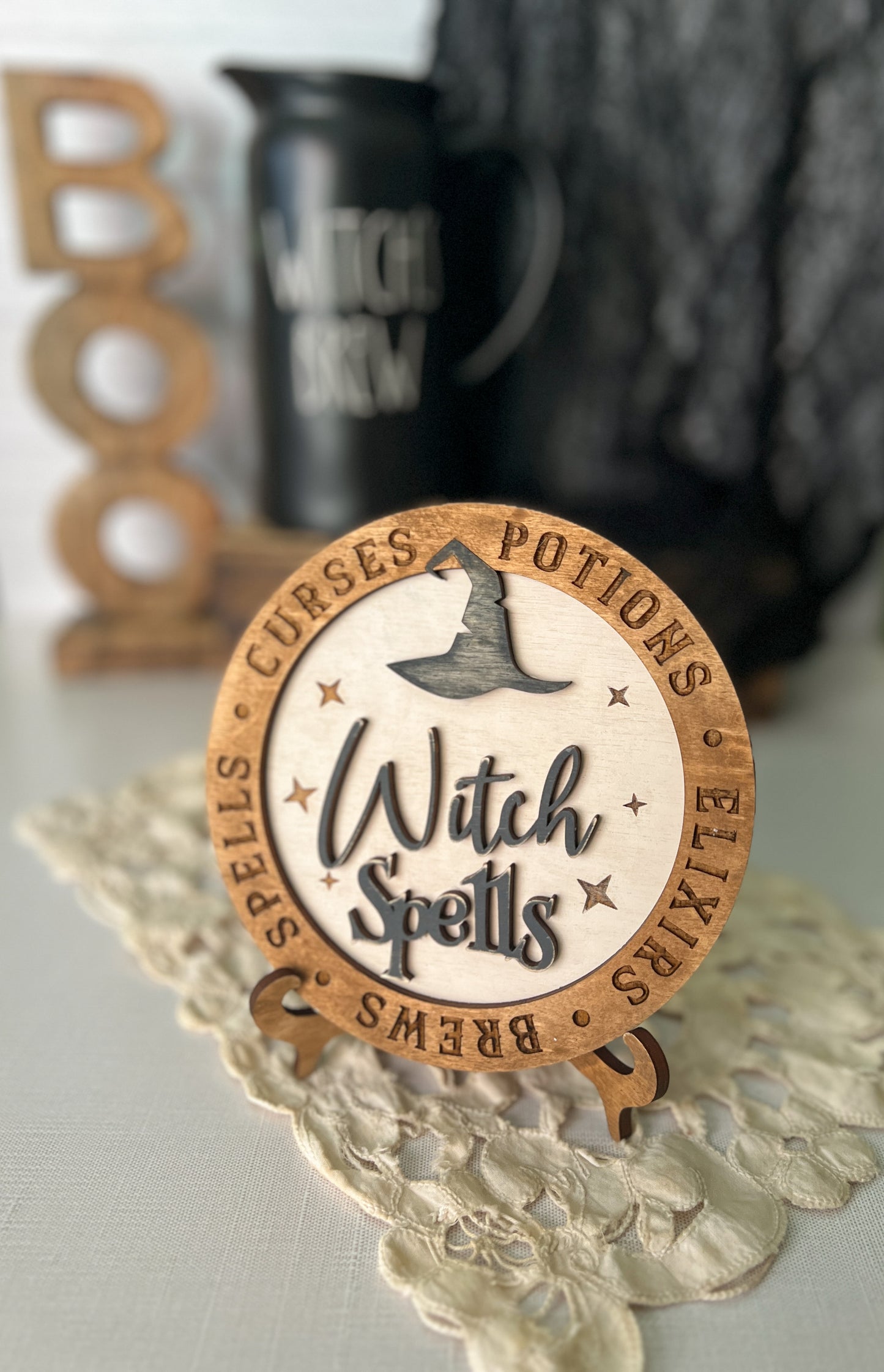 Witch Spells Neutral 3D Round Wooden Sign