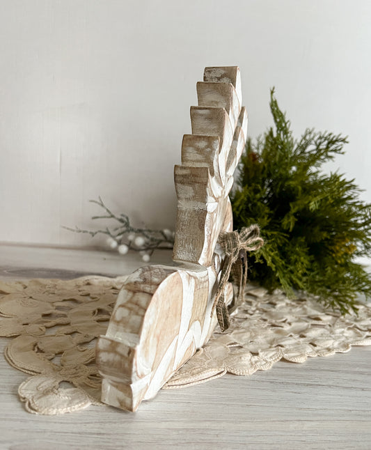 Whitewash Wooden Rustic Laying Reindeer 7"x7"