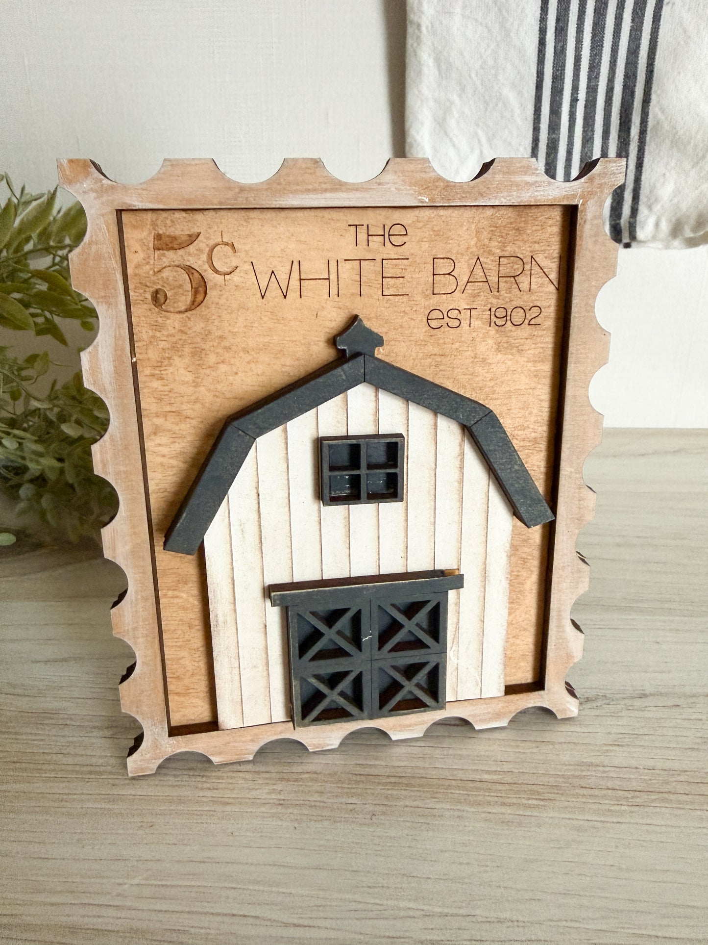 *OOPSIE* White Chippy Barn 3D Postage Stamp Sign
