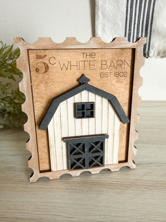 *OOPSIE* White Chippy Barn 3D Postage Stamp Sign