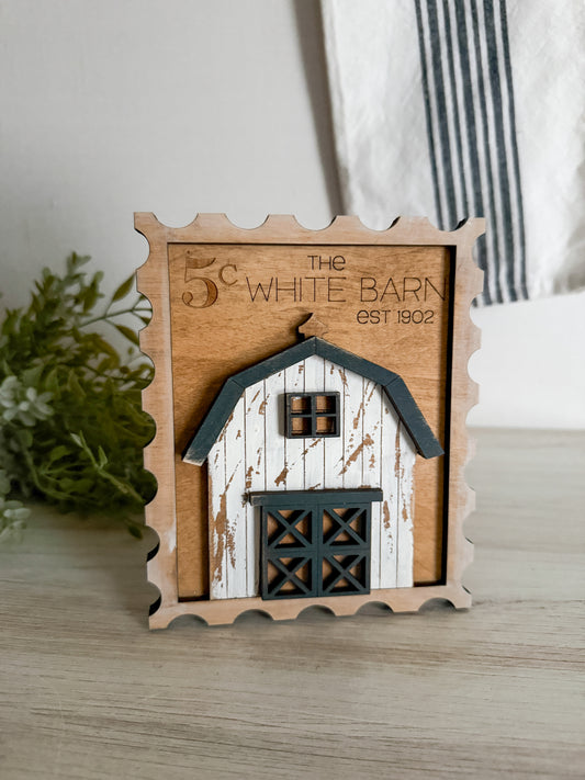 White Chippy Barn 3D Postage Stamp Sign