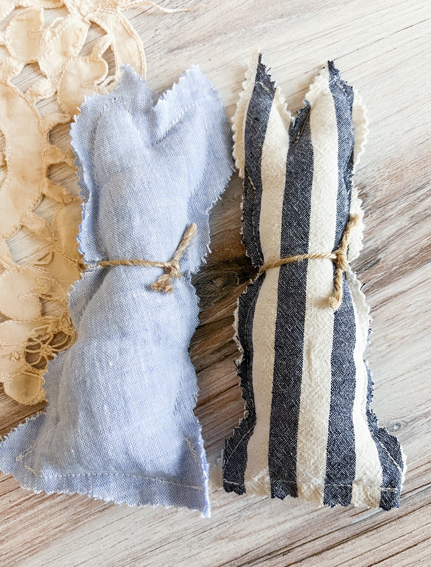 Upcycled Fabric Bunny Ornies - stripe denim and blue