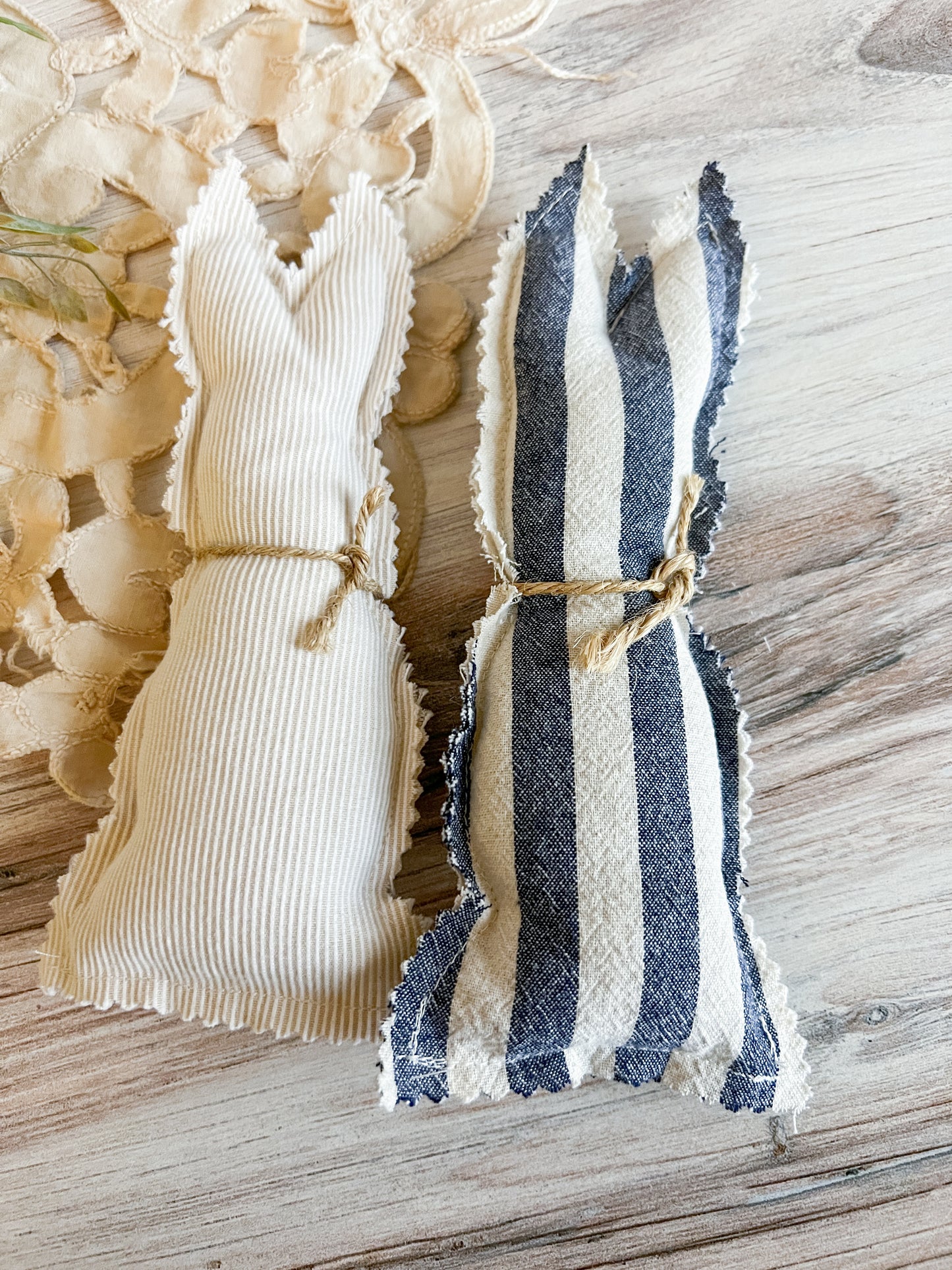 Upcycled Fabric Bunny Ornies - denim stripe and white