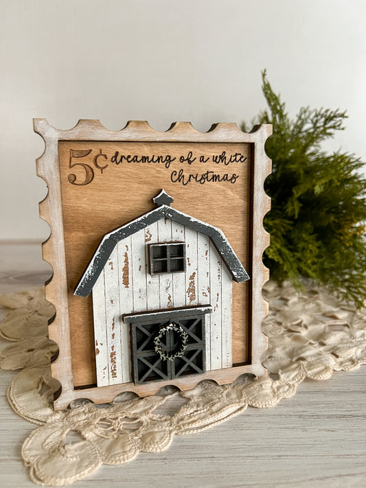 White Chippy Paint Barn 3D Postage Stamp Sign