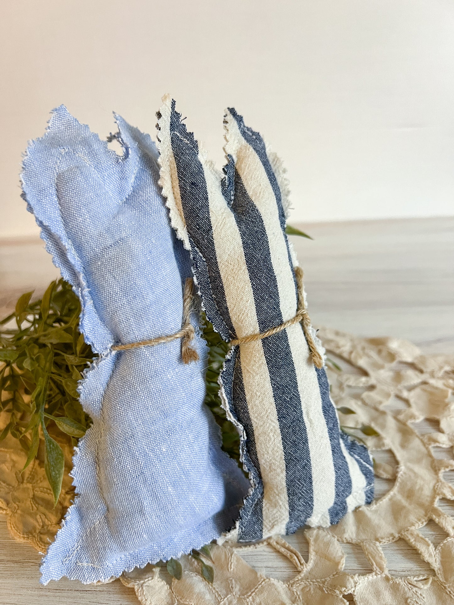 Upcycled Fabric Bunny Ornies - stripe denim and blue