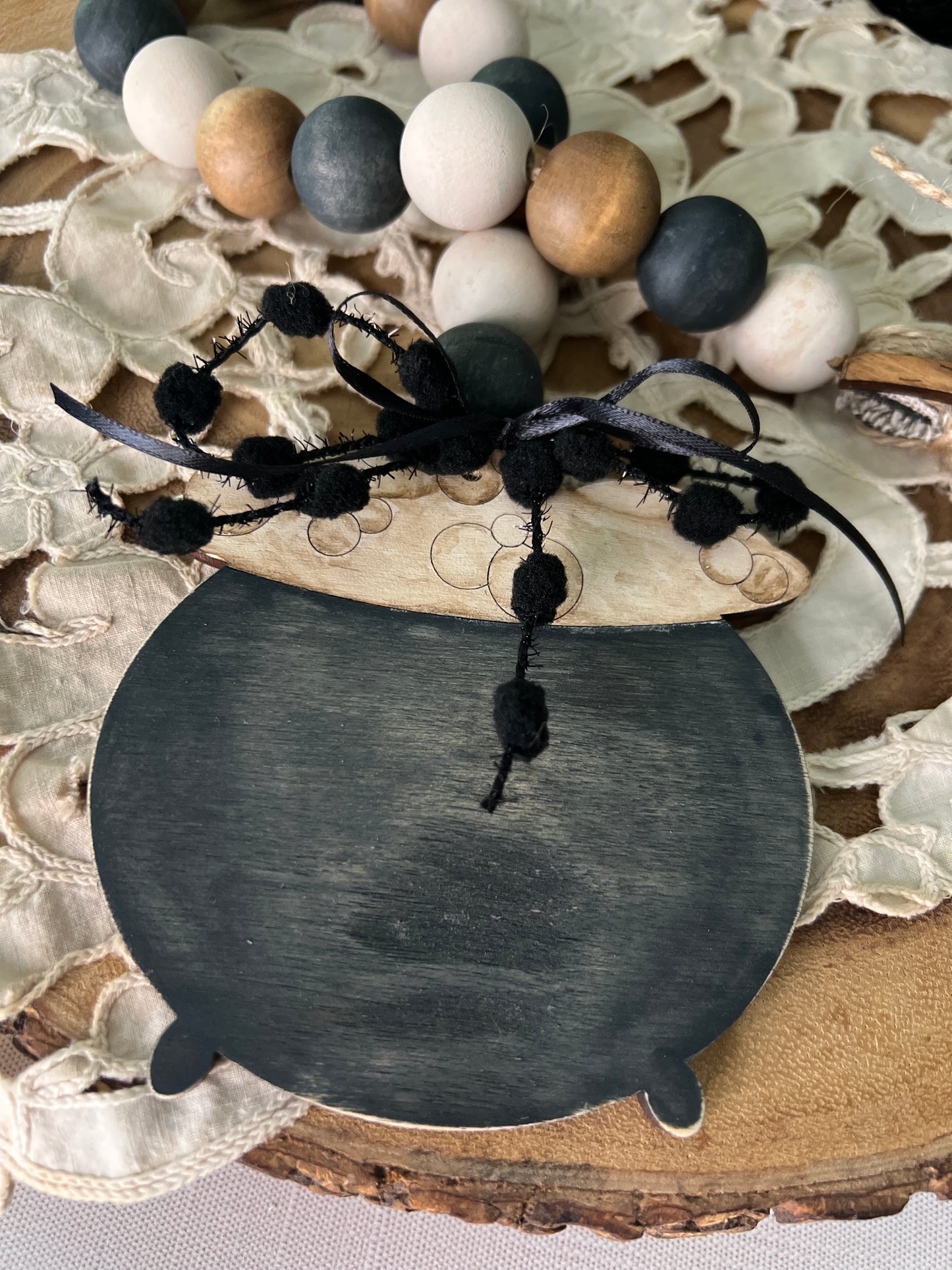 Witch's Cauldron & Broom Neutral Halloween Wood Bead Garland