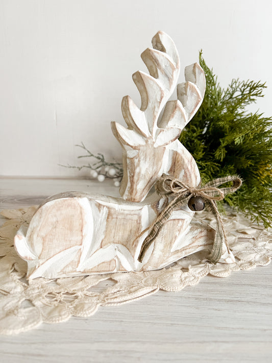 Whitewash Wooden Rustic Laying Reindeer 7"x7"