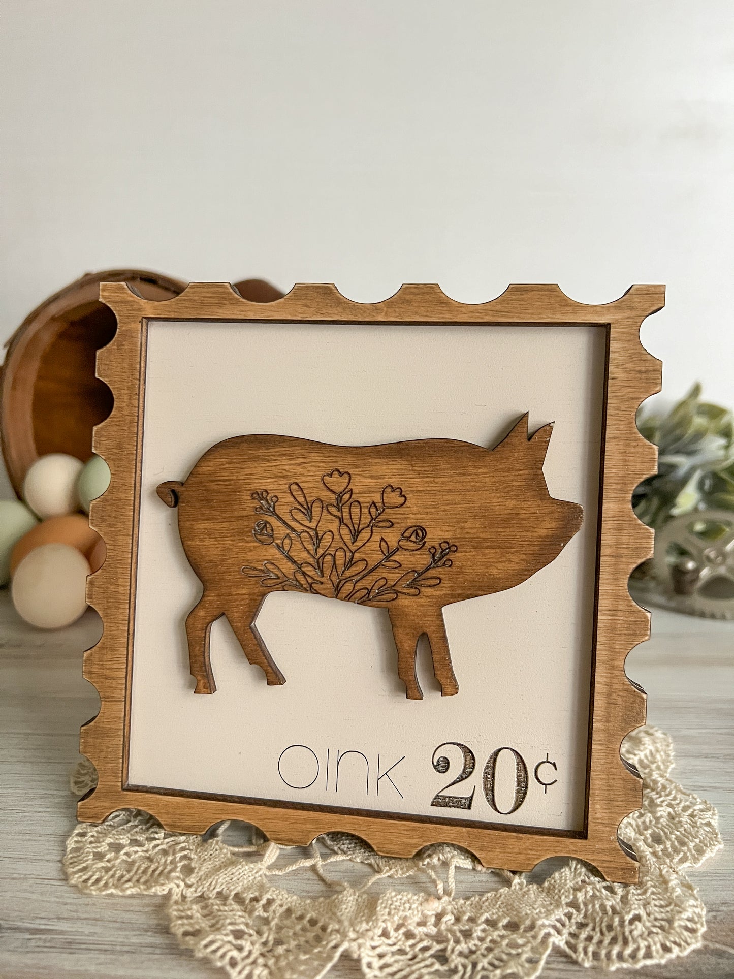 Floral Pig Postage Stamp 3D Sign