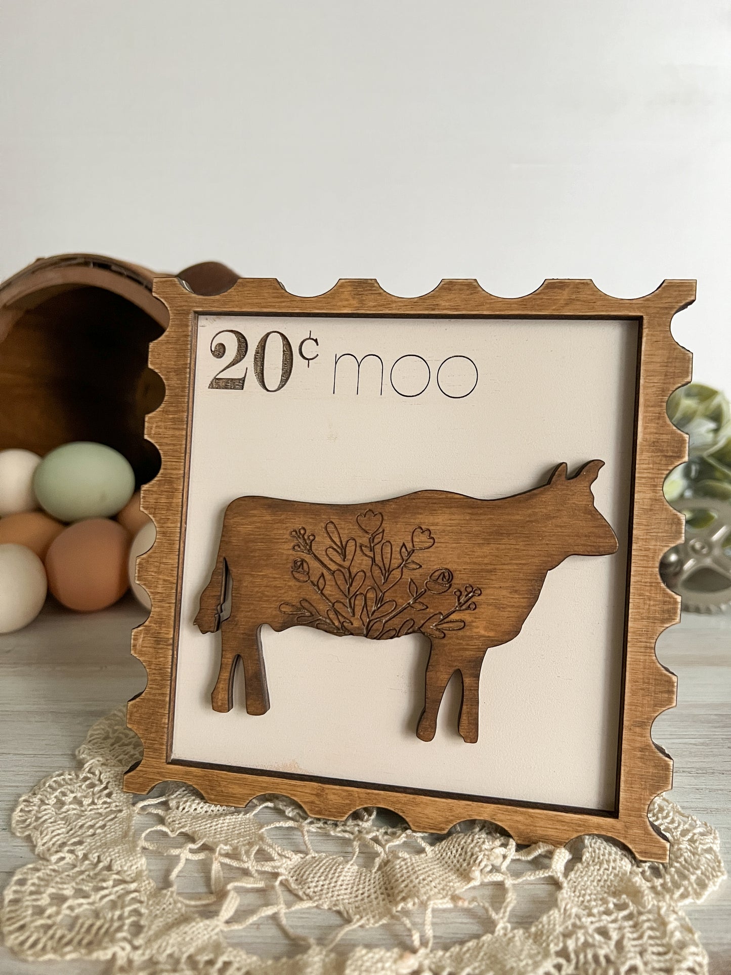 Floral Cow Postage Stamp 3D Sign