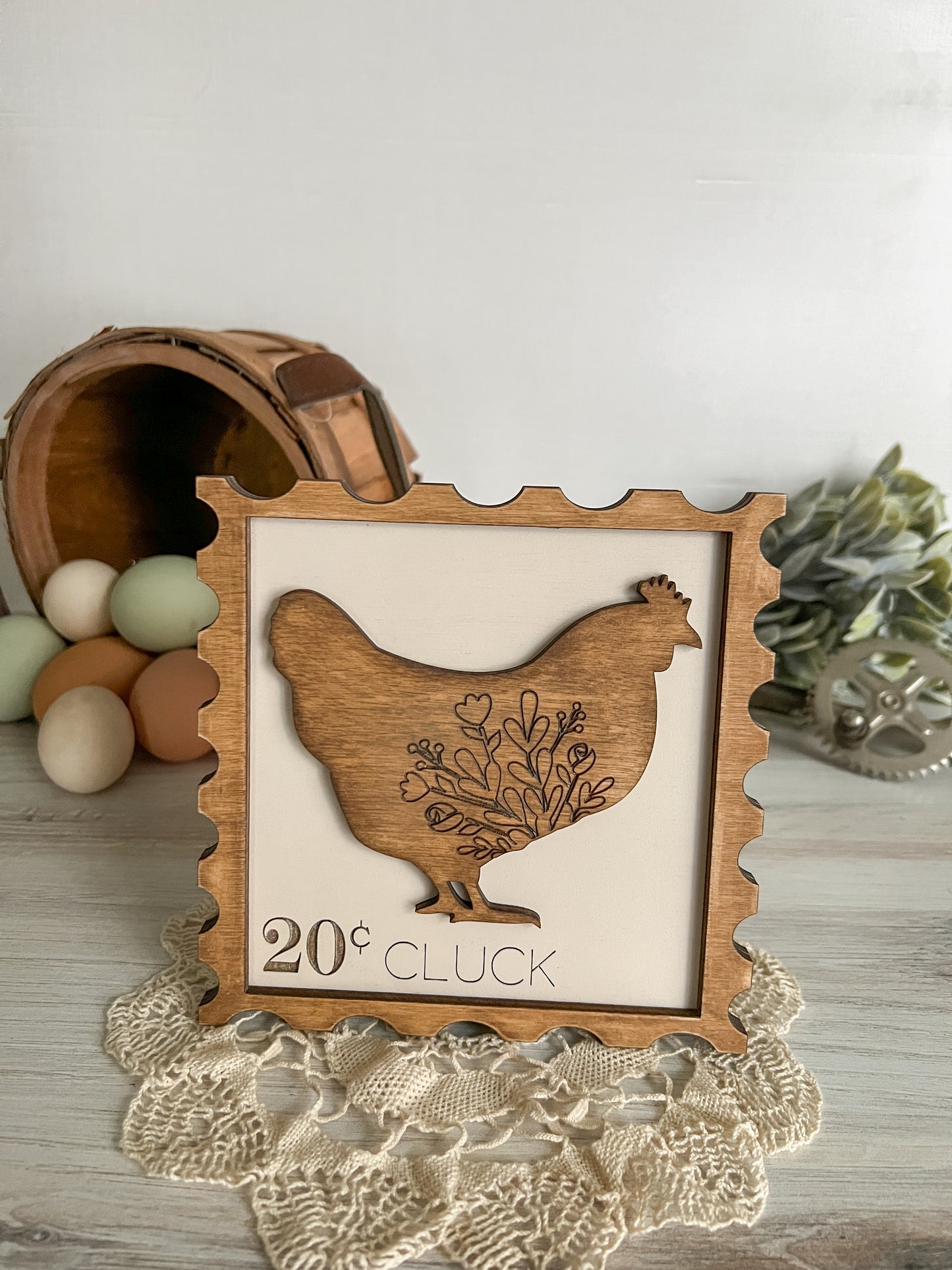 Floral Chicken Postage Stamp 3D Sign