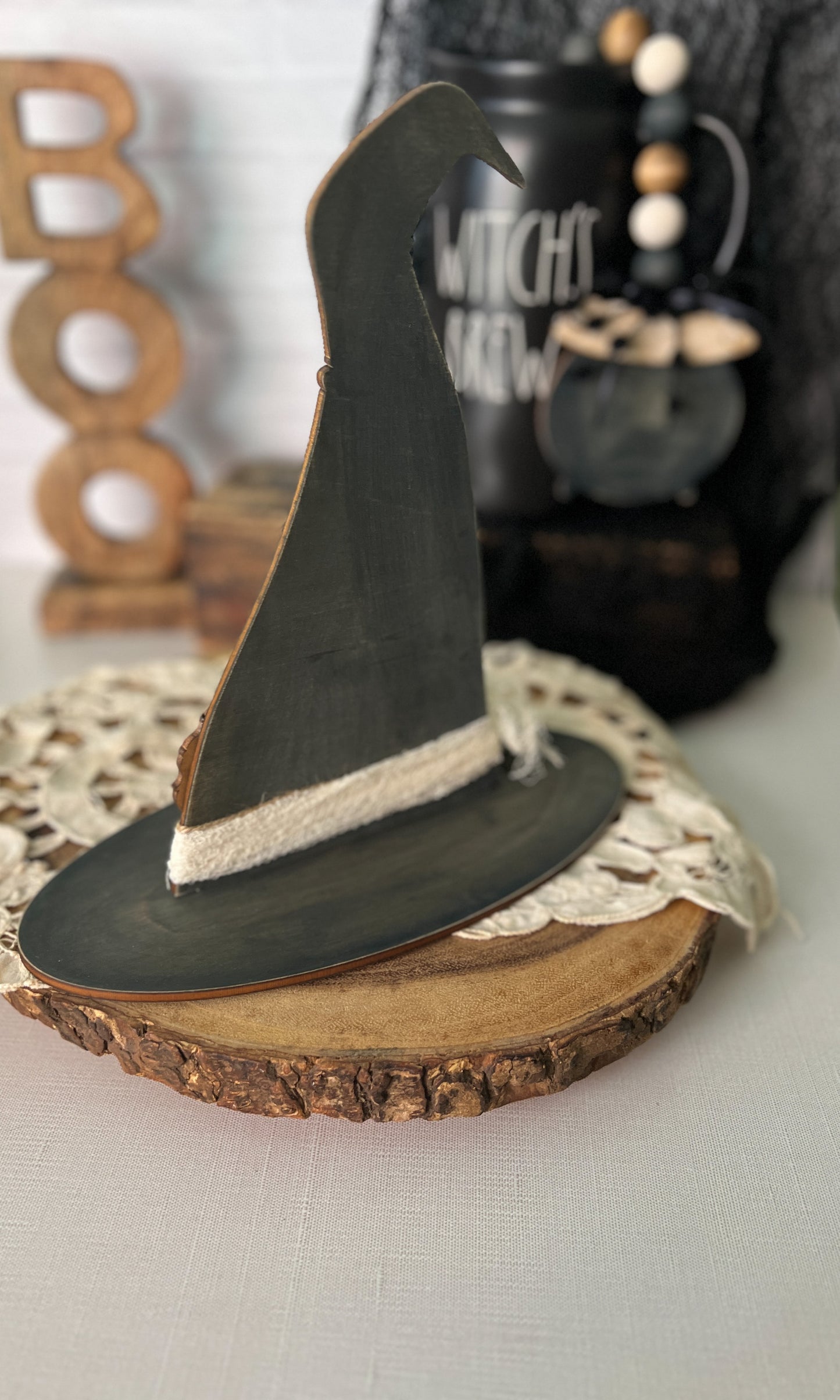 Witch's Hat Shelf Sitter - Neutral Halloween Wood Décor