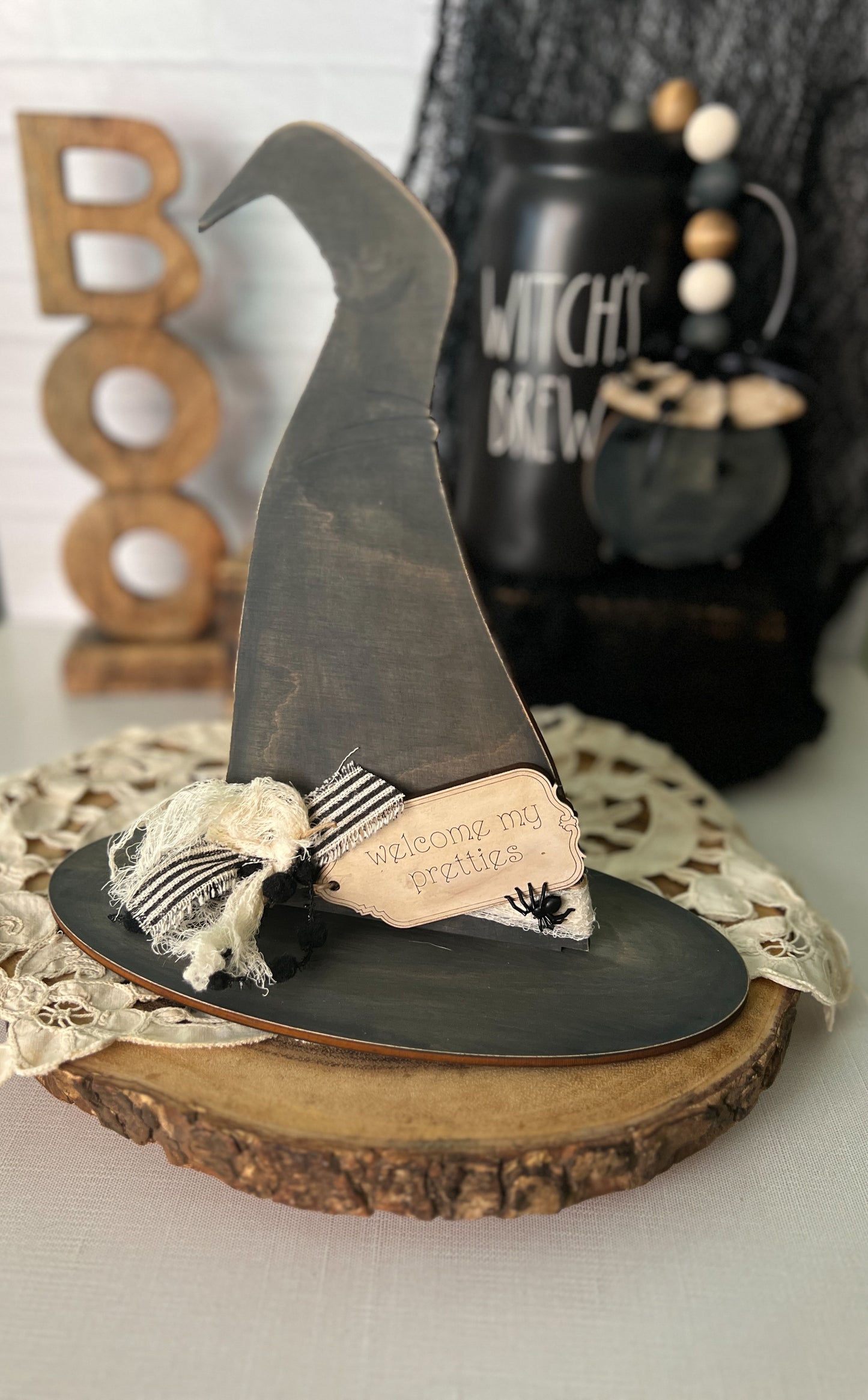 Witch's Hat Shelf Sitter - Neutral Halloween Wood Décor