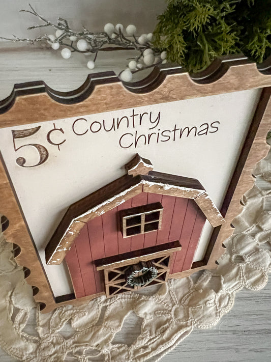 Country Christmas Red Barn 3D Postage Stamp Sign