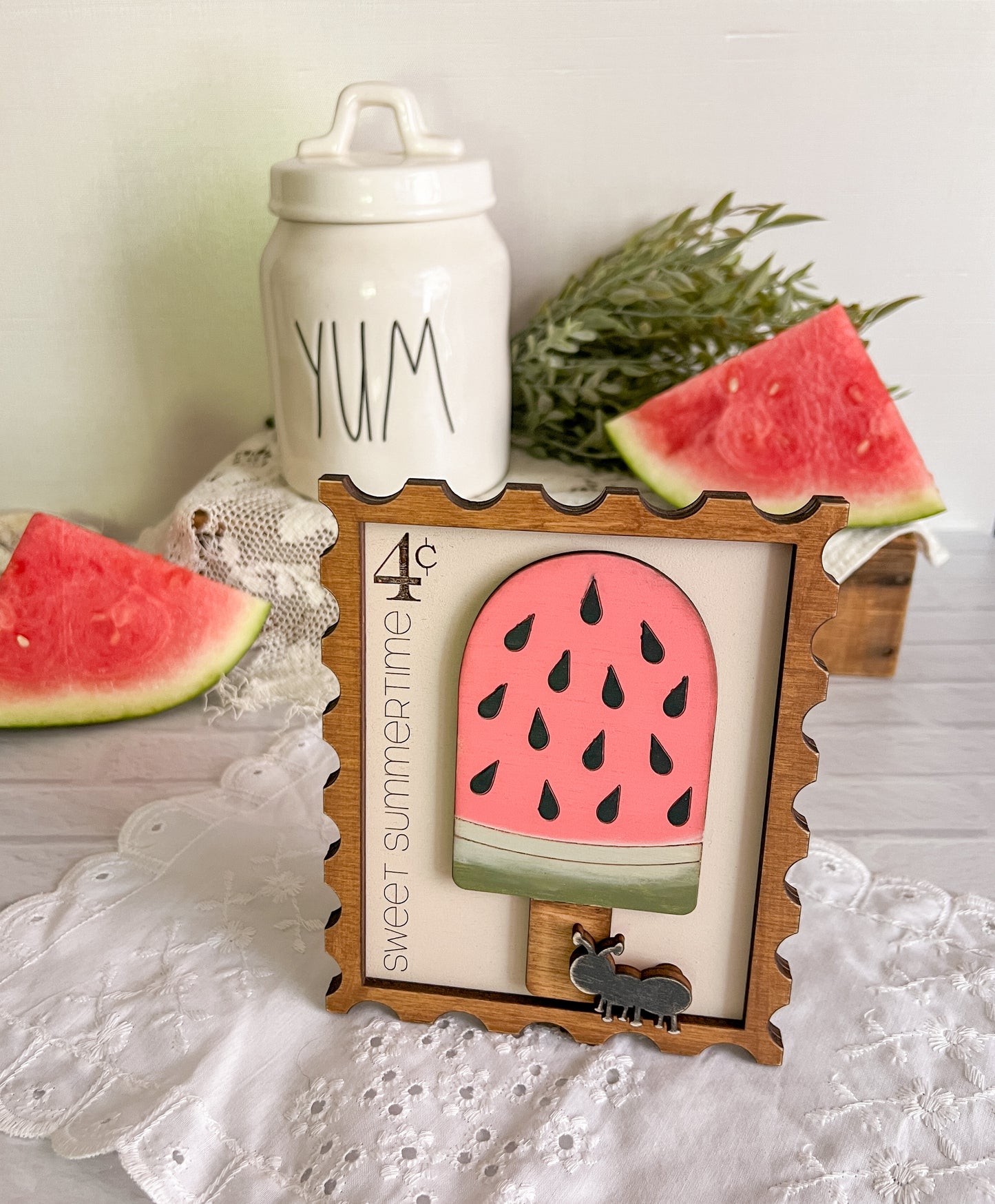 Sweet Summertime Watermelon Postage Stamp 3D Wood Sign