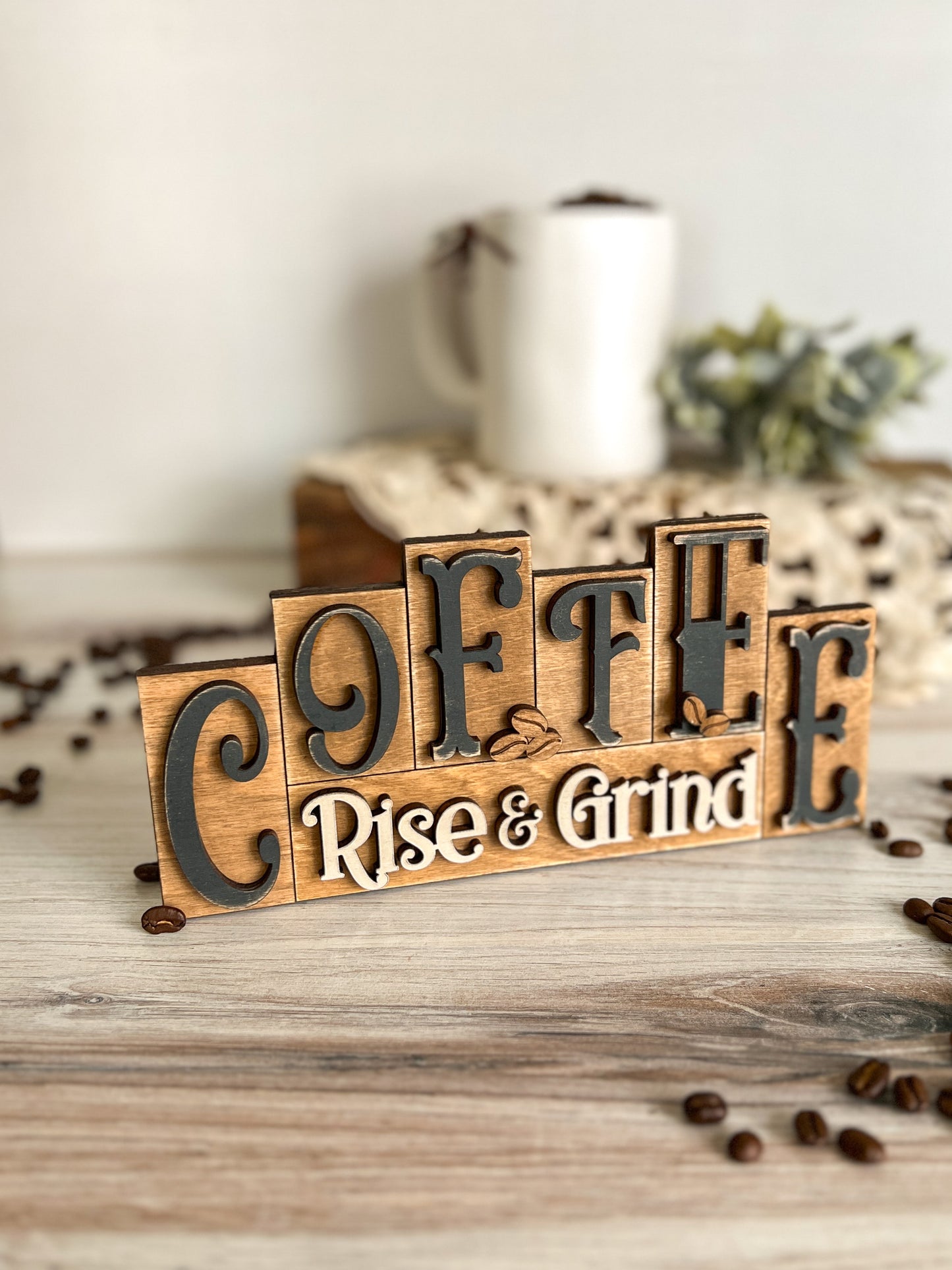 Neutral Coffee Bar 3D Rise & Grind Sign