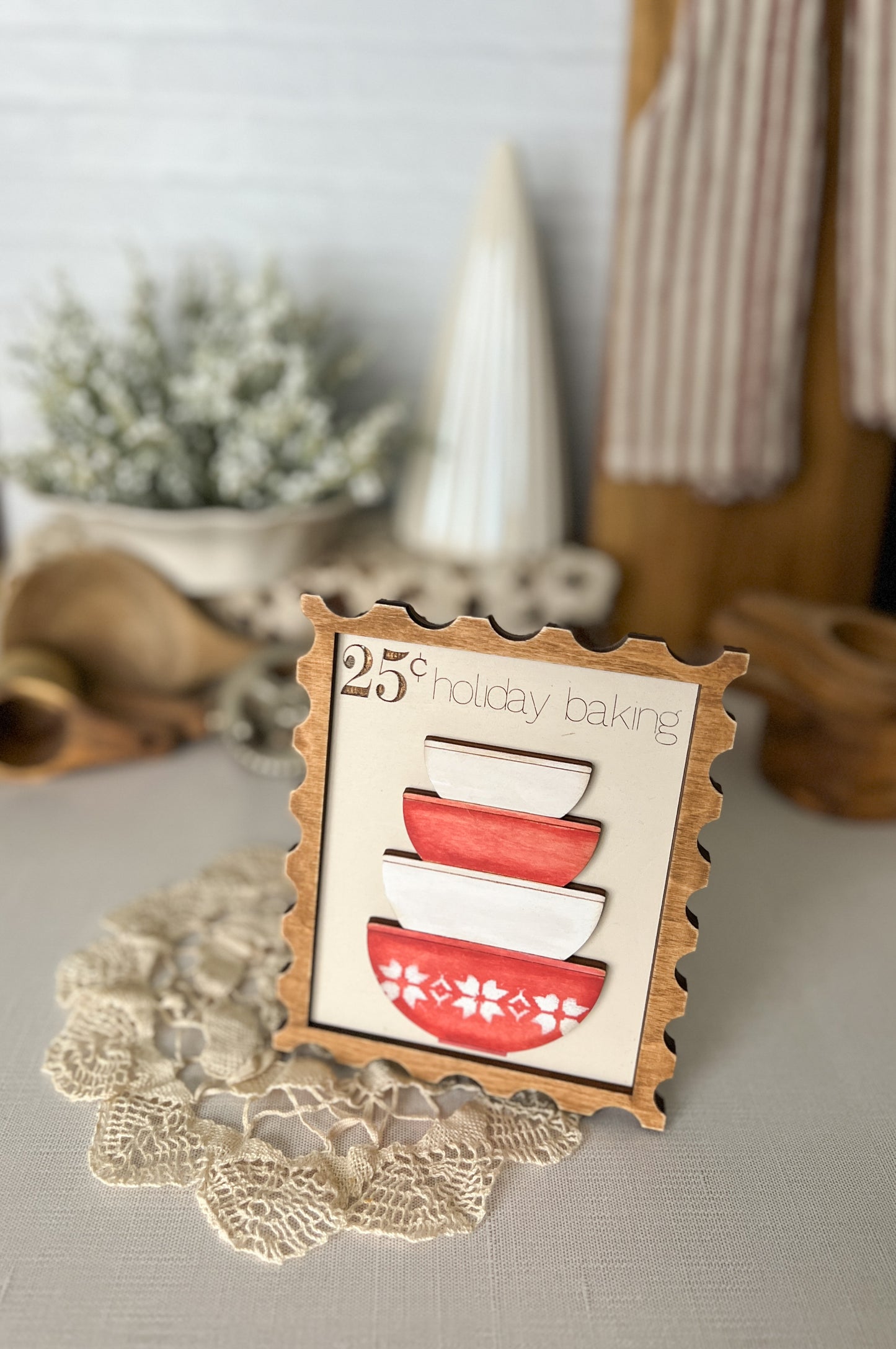 Mrs. Claus' Mixing Bowls 3D Postage Stamp Wood Sign