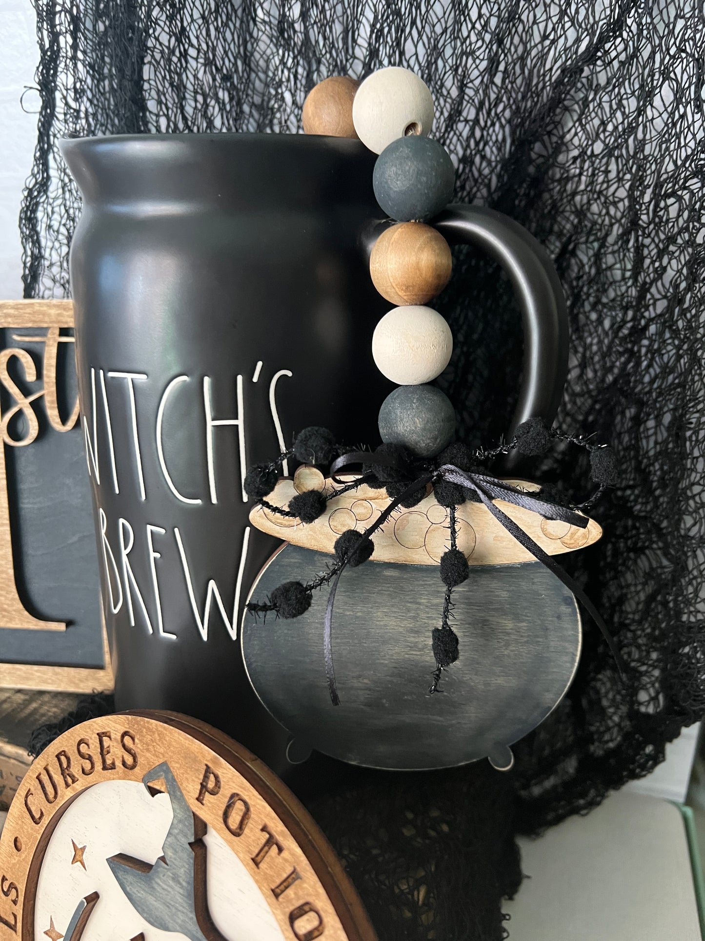 Witch's Cauldron & Broom Neutral Halloween Wood Bead Garland