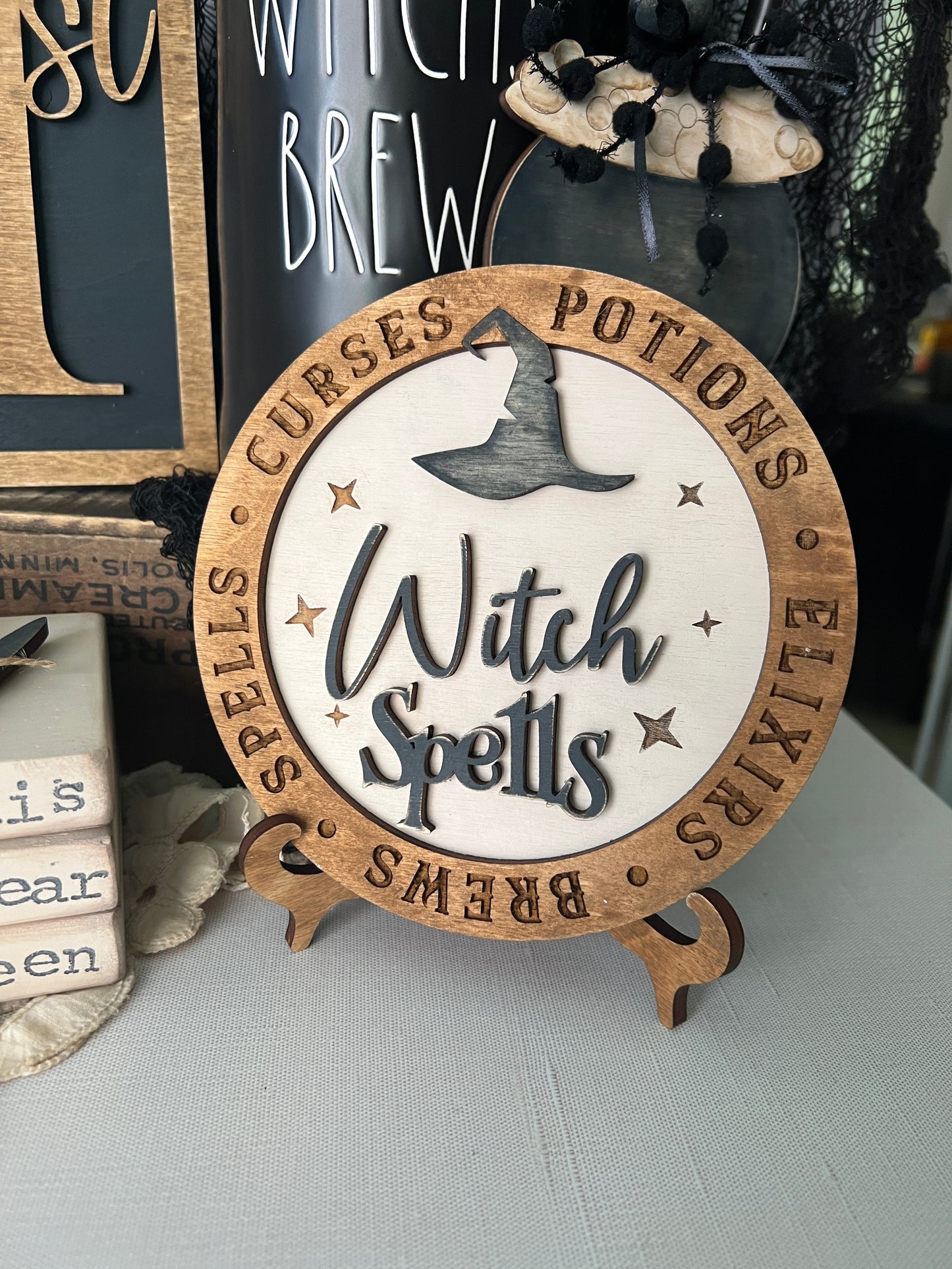 Witch Spells Neutral 3D Round Wooden Sign