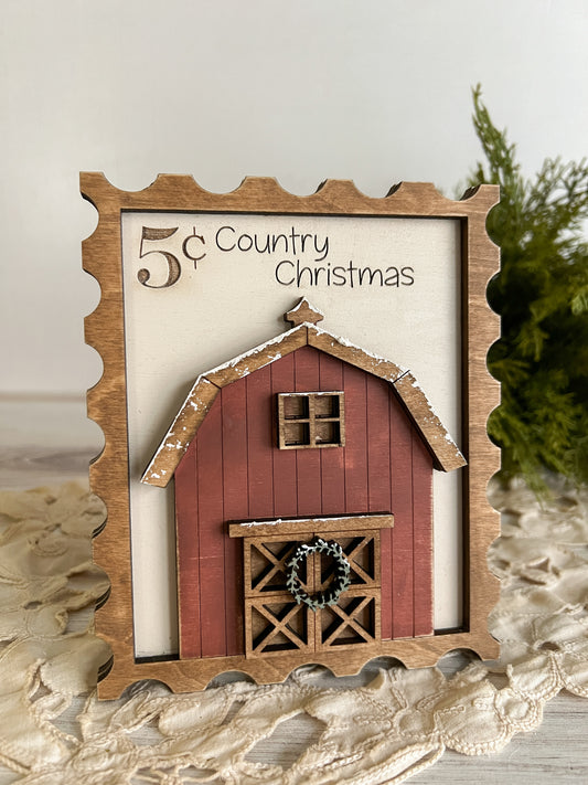 Country Christmas Red Barn 3D Postage Stamp Sign