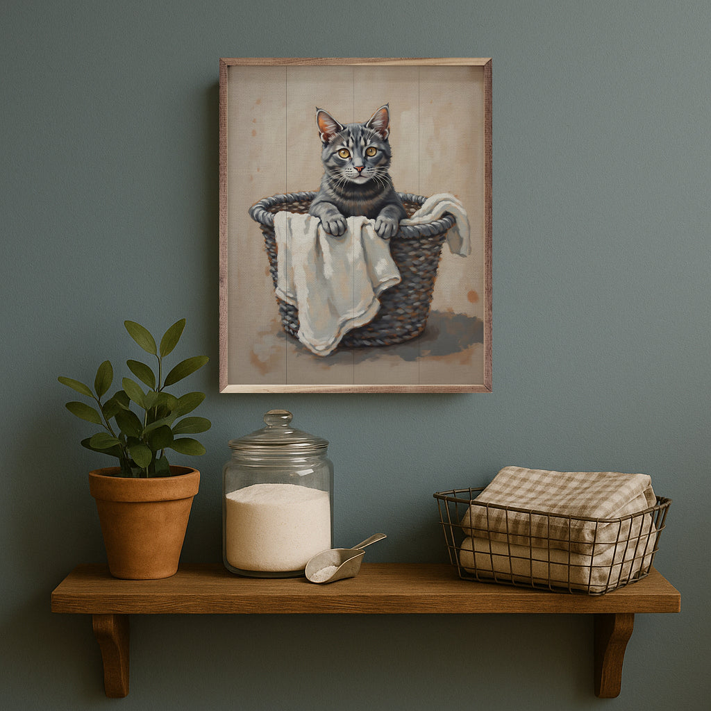 Gray Cat In Laundry Basket