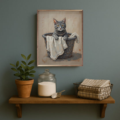 Gray Cat In Laundry Basket