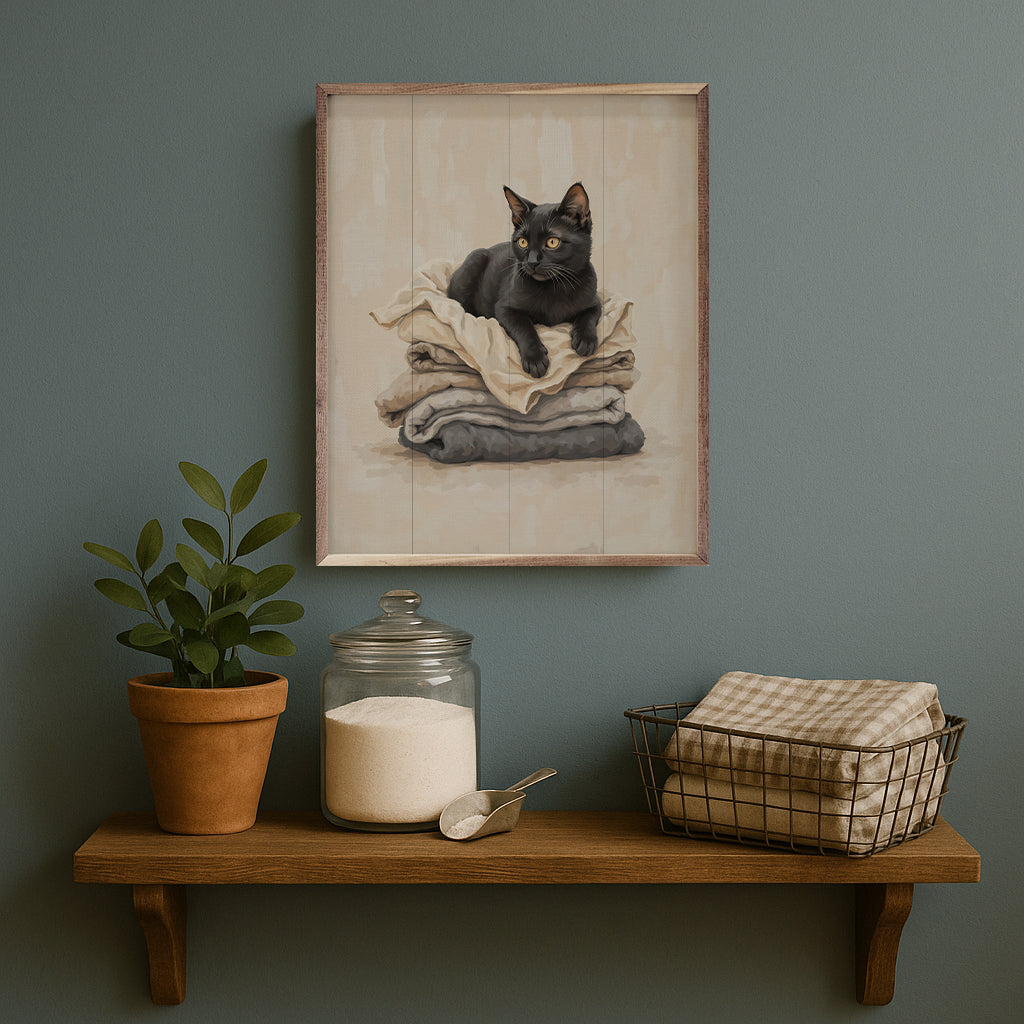 Black Cat On Folded Laundry